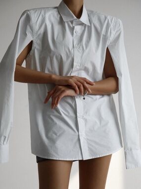 White Relaxed Fit Shirt with open sleeves button-up women cotton shirt long slee